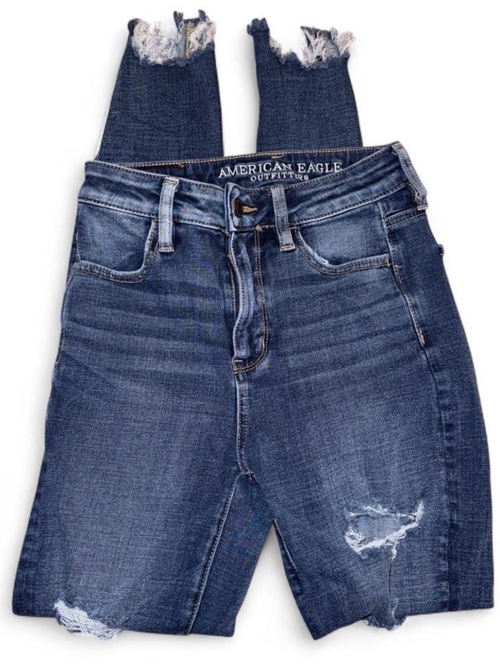 American Eagle Outfitters Dark Blue High-Rise Distressed Cropped Jeans